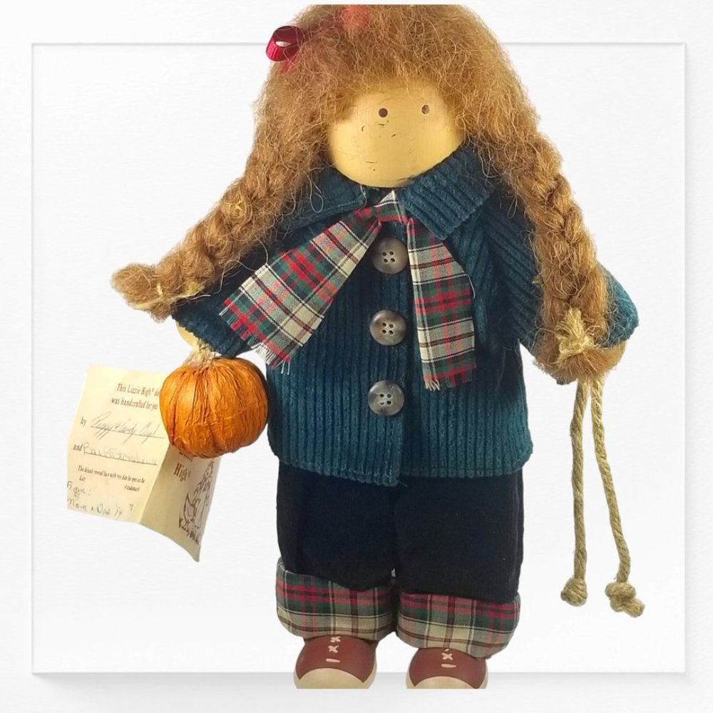 Vintage Lizzie High "Penny Valentine" 1993 Collectible Wood Doll, Girl & Pumpkin